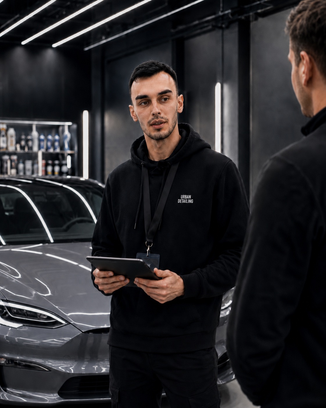 Администратор Urban Detailing общается с клиентом и держит планшет